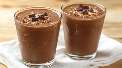 Two glasses of chocolate smoothies topped with chocolate shavings and nuts