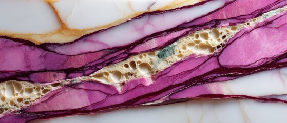 Organic semiprecious marble slab with porous mineral textures and vibrant pink veins