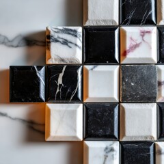 Geometric layout of black and white raised marble tiles in grid style