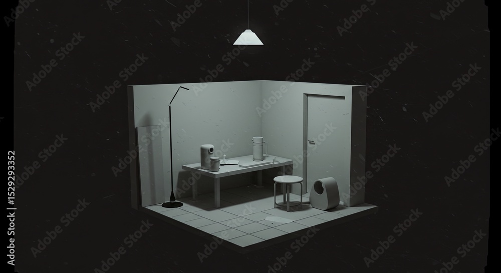 Poster A dark room with a lamp and a table