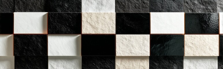 Statuario marble checkerboard wall texture with matte and glossy black and white square tiles