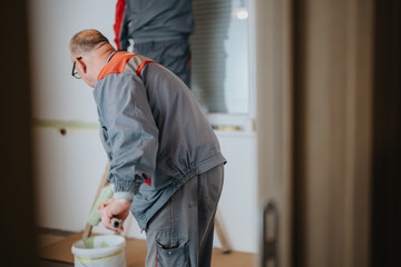 A worker dressed in gray and orange attire paints interior walls using a paint roller, emphasizing...