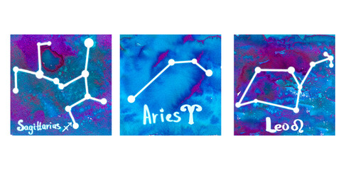 Zodiac watercolor signs of the element of Water: Aries, Leo, Sagittarius. Blue hand drawn set of template of astrological symbols isolated on white background for horoscope, astrology, stickers