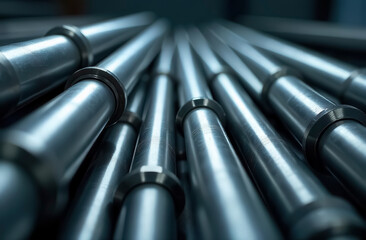 Close-up view of steel pipes with an emphasis on their texture and metallic luster.