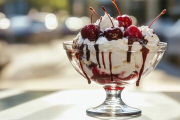 Melting ice cream sundae delight urban park food photography bright daylight close-up sweet treat concept