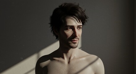 A man with short hair and a beard is standing in front of a wall