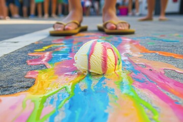 Fototapeta premium Melting ice cream delight on a hot summer day urban street food photography colorful environment close-up viewpoint playful concept