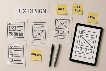 Top view of UX design process with wireframes, tablet, pens and sticky notes on desk. Concept of user experience, mobile interface planning, usability testing, digital product layout strategy