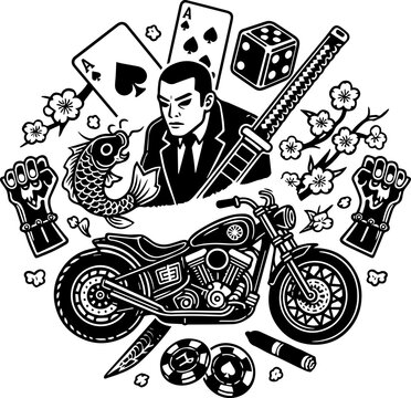 Tattoo Vector Art with Dice, Cards, and Swallow Bird. Classic Motorcycle Tattoo Flash with Casino Theme