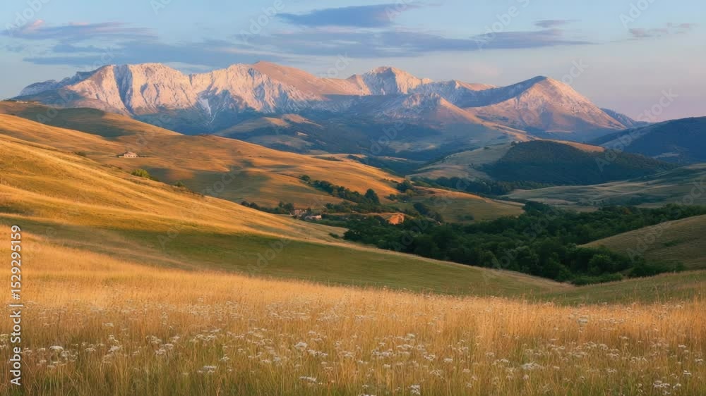Poster a serene landscape featuring a vast field of green grass stretching towards mountains in the backgro