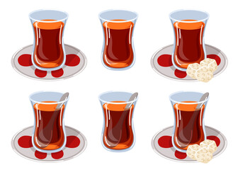 Traditional Turkish tea set in curved glass with saucer, spoon and sugar cubes served in different variation in cartoon. Perfect for breakfast cafe menu isolated on white background.