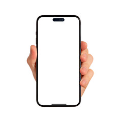 Close-up of hand showing modern smartphone with blank screen isolated.