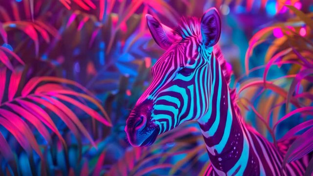 Zebra illuminated by vibrant neon lights surrounded by colorful tropical