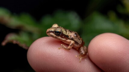 Obraz premium Tiny Frog on a Fingertip: A Close-Up of a Miniature Amphibian