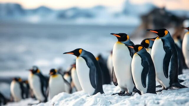 Gentoo penguin colony in the South Pole, Antarctic Peninsula. A large group of wild animals resting on a snowy hill, cold sea and mountains in the background. 4k video