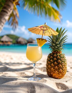 Tropical beach getaway with pineapple cocktail and ocean backdrop