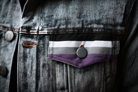 Person showcasing pride badge on a canvas jacket, embracing LGBT community values during a vibrant celebration in a lively urban setting