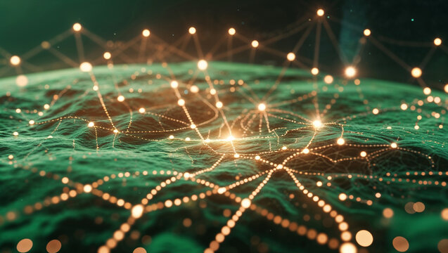 Abstract digital network with connected nodes representing global information flow and data