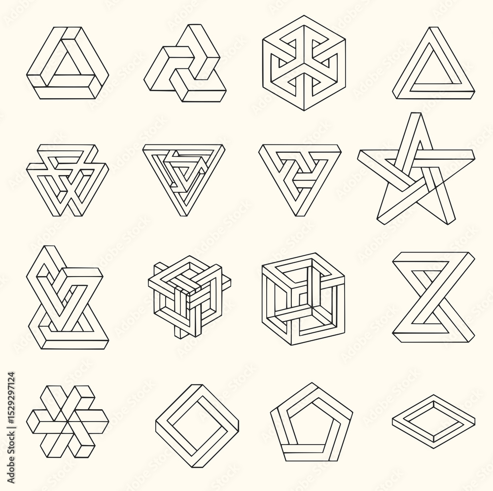 Fototapete minimilist a collection of impossible geometric shapes rendered with black lines on a light beige ba