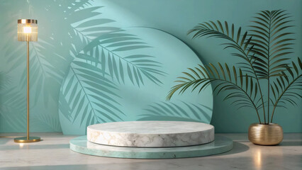 Glossy Product Display on Blue-Green Backdrop with Warm Natural Shadows