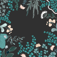 Square frame with cute wild flowers and herbs. Floral dark background. Vector illustration.