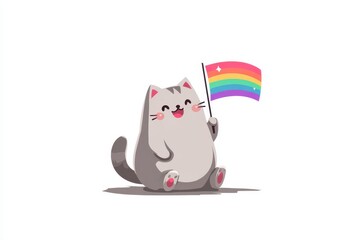 Cute cartoon cat joyfully waving a small rainbow pride flag in celebration of the LGBT community and inclusivity, promoting love and acceptance