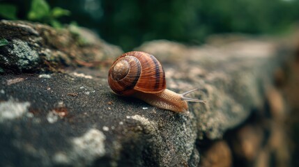 Snail's Journey: A Close-Up of a Snail Crawling on a Rock