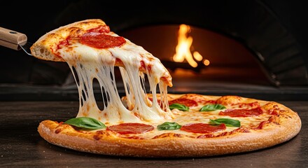 A perfect slice of pepperoni pizza with irresistible cheese pull, fresh from a wood-fired oven, ready to be enjoyed