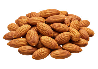 Fototapeta premium A close-up view of a pile of fresh, raw almonds on a white background, showcasing their natural texture and color
