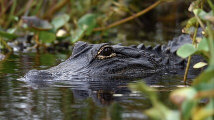 Fototapeta premium American Alligator in its Natural Habitat: A Close-Up Encounter in the Everglades