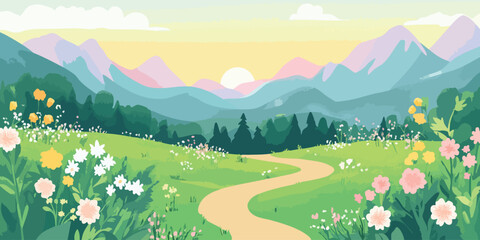 Fototapeta premium Colorful, idyllic landscape painting. Gentle hills covered in vibrant wildflowers, a winding path leads through a lush forest, with pastel mountains in the background at sunrise