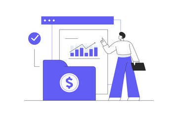 Man analyzing financial graphs, latest stock market news and other data. Stock trading concept. Investing money in stock. Flat Cartoon Vector Illustration, icon. Stylish abstract design landing page