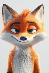 Obraz premium Playful cartoon fox character with a sly expression against a plain background, showcasing vibrant colors