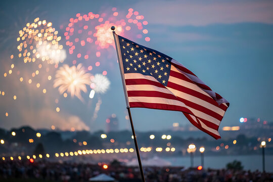 American flag waves in the wind during fireworks display in evening scene as a symbol of independence