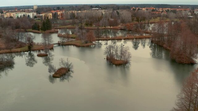 Autumn town lakeside and park