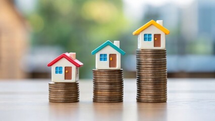 Miniature houses on stacks of coins, symbolizing real estate investment and financial growth.