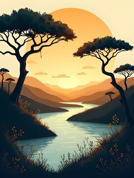 illustration of african landscape with trees and water