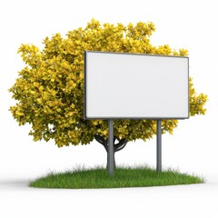 Blank Billboard Sign Beside a Small Tree with Yellow Leaves on White Background