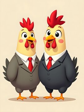 Two cartoon chickens dressed in business attire