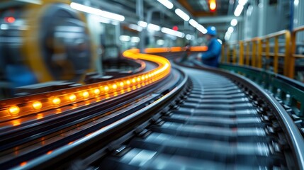 An industrial factory setting featuring blurred lights and dynamic movement, illustrating the energy and complexity of modern manufacturing processes.
