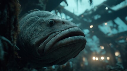 Mysterious Underwater Encounter: An up-close and personal view of a massive grouper, its gaze direct and intense, against a backdrop of a mystical underwater environment.