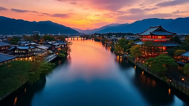 Stunning twilight view of Hida-Takayama old town in Japan with a canal reflecting city lights