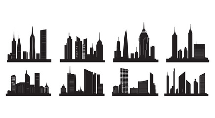 Fototapeta premium Eight Black City Skylines Diverse Building Architecture