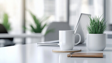 Business concept. Laptop, mug and notebook on the desk in the office.