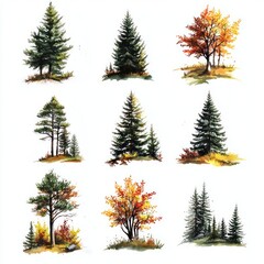 A Watercolor Collection of Autumnal and Evergreen Trees