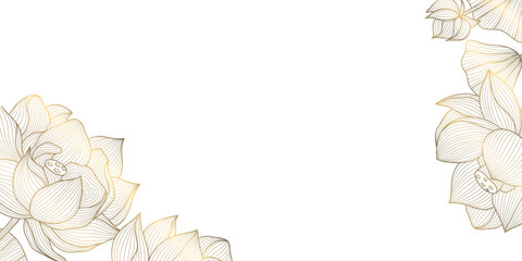 Vector lotus flower line frame, golden floral asian pattern. Wedding luxury line design, oriental spring decor, ornament.