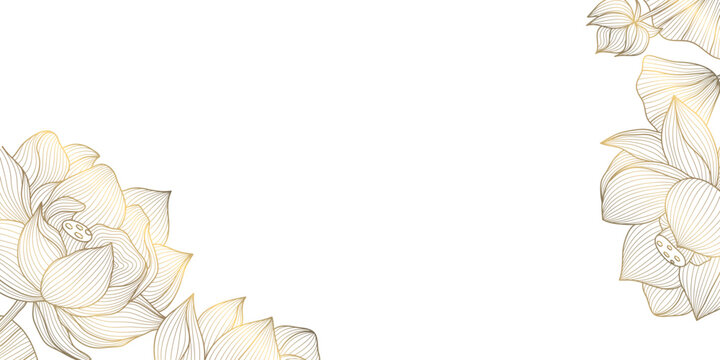 Vector lotus flower line frame, golden floral asian pattern. Wedding luxury line design, oriental spring decor, ornament.