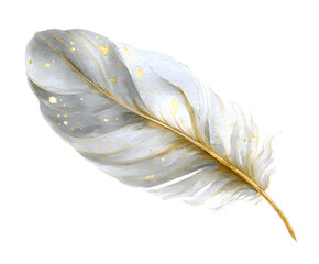 Elegant Watercolor Feather with Gold Accents - Isolated Artistic Design Element for Creative Projects and Invitations