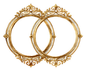 Watercolor Golden Frames: Intertwined Oval Ornate Borders for Wedding Invitations and Elegant Designs (Isolated on White)