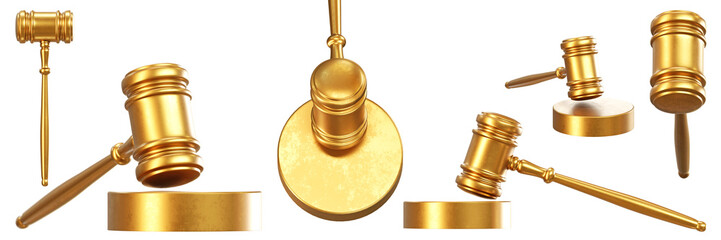 gold gavel set judge hammer 3D rendering